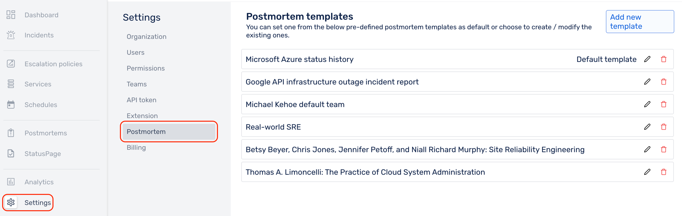pre-defined postmortem templates