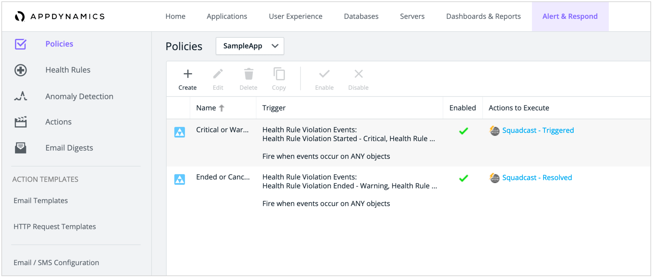 setting-up policies and assign triggered and resolved actions
