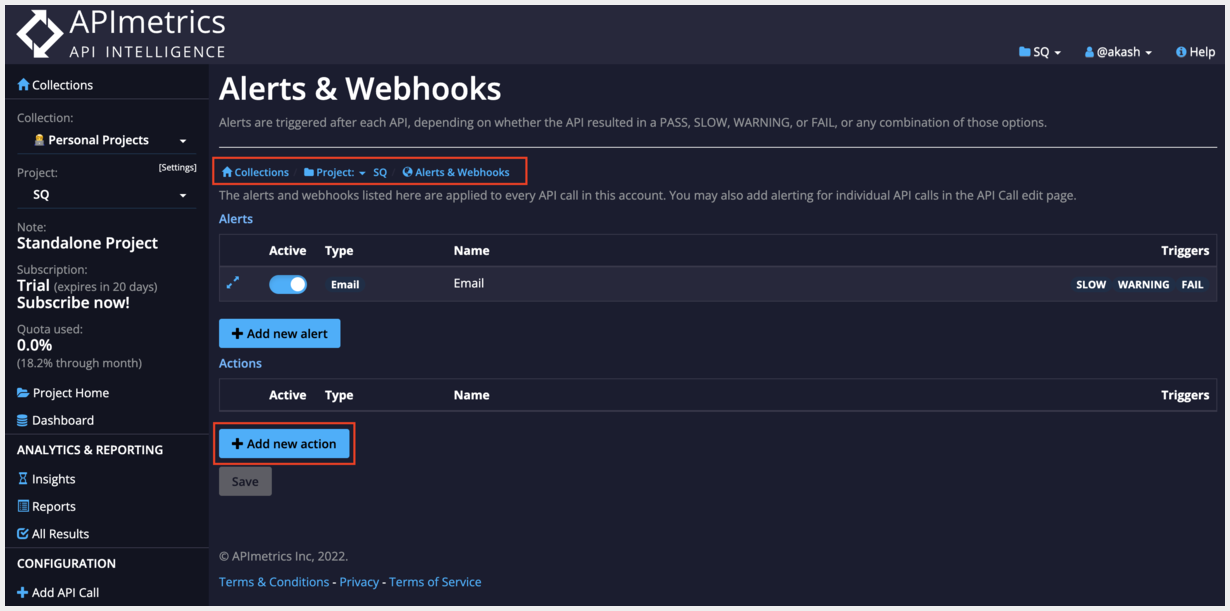 adding new section under alert & webhooks in APImetrics dashboard