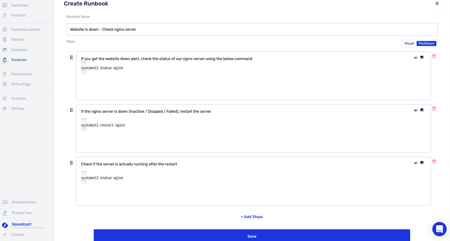 Squadcast dashboard - Create Runbook