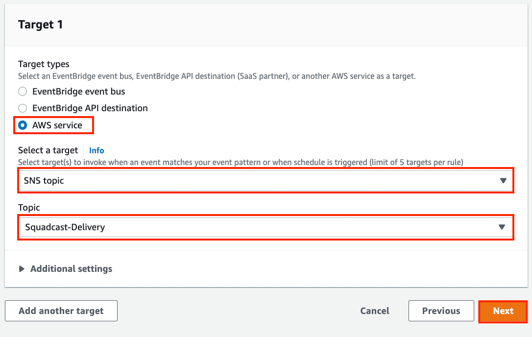 Selection of Target type: AWS service, target: SNS topic, Topic: Squadcast delivery to complete guardDuty integration