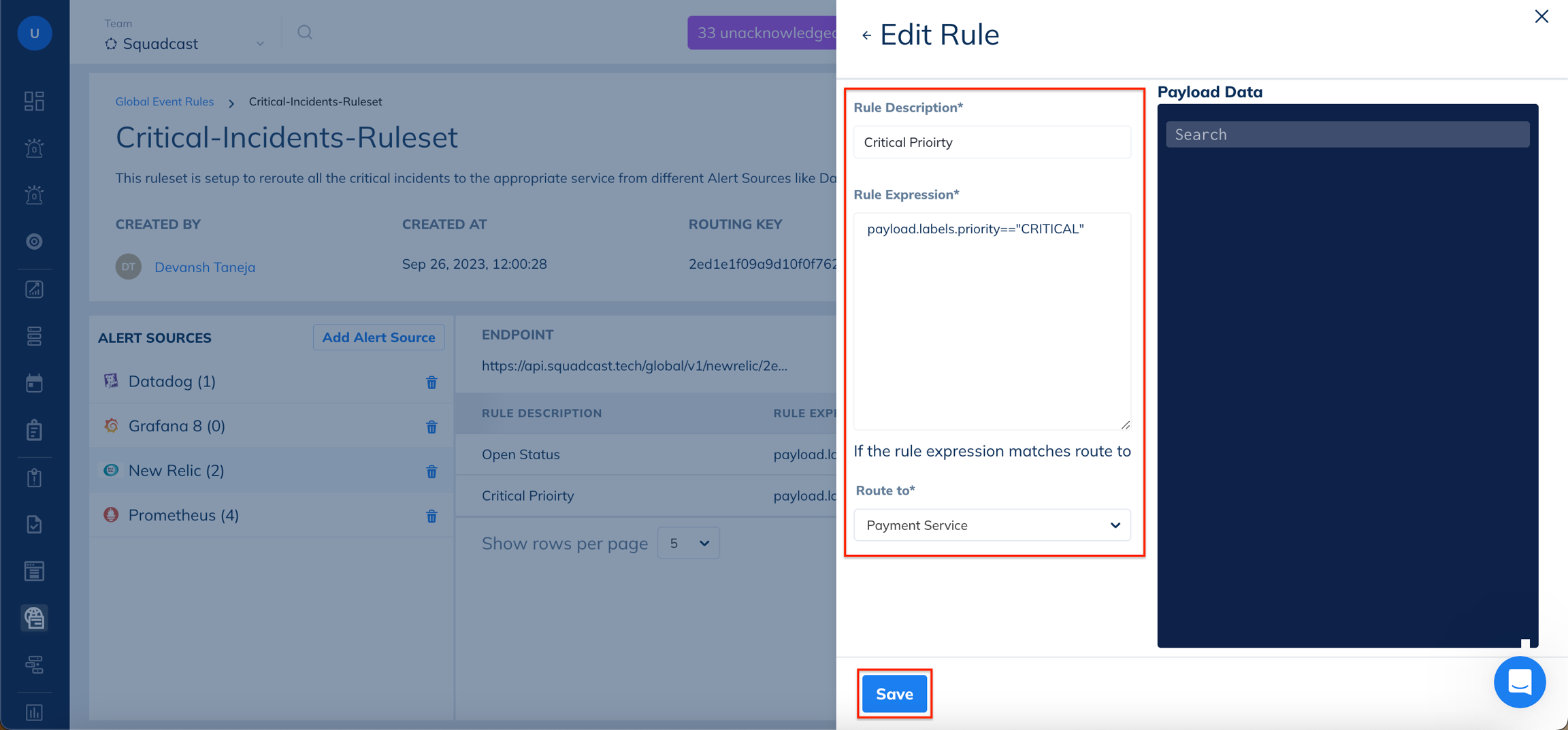 View and arrange priority of added Rule in Squadcast for Incident Management