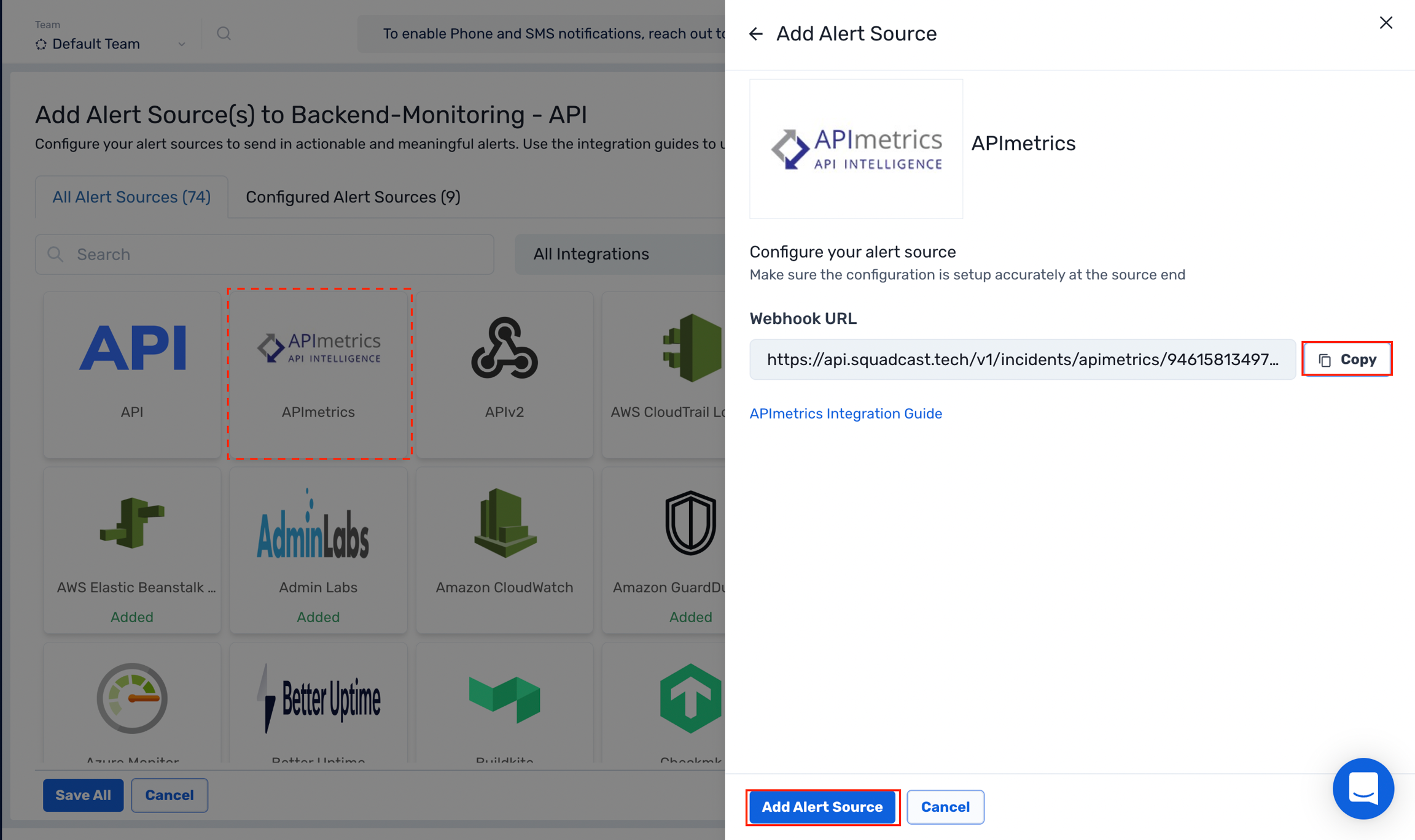 Webhook URL configuration within APImetrics in Squadcast