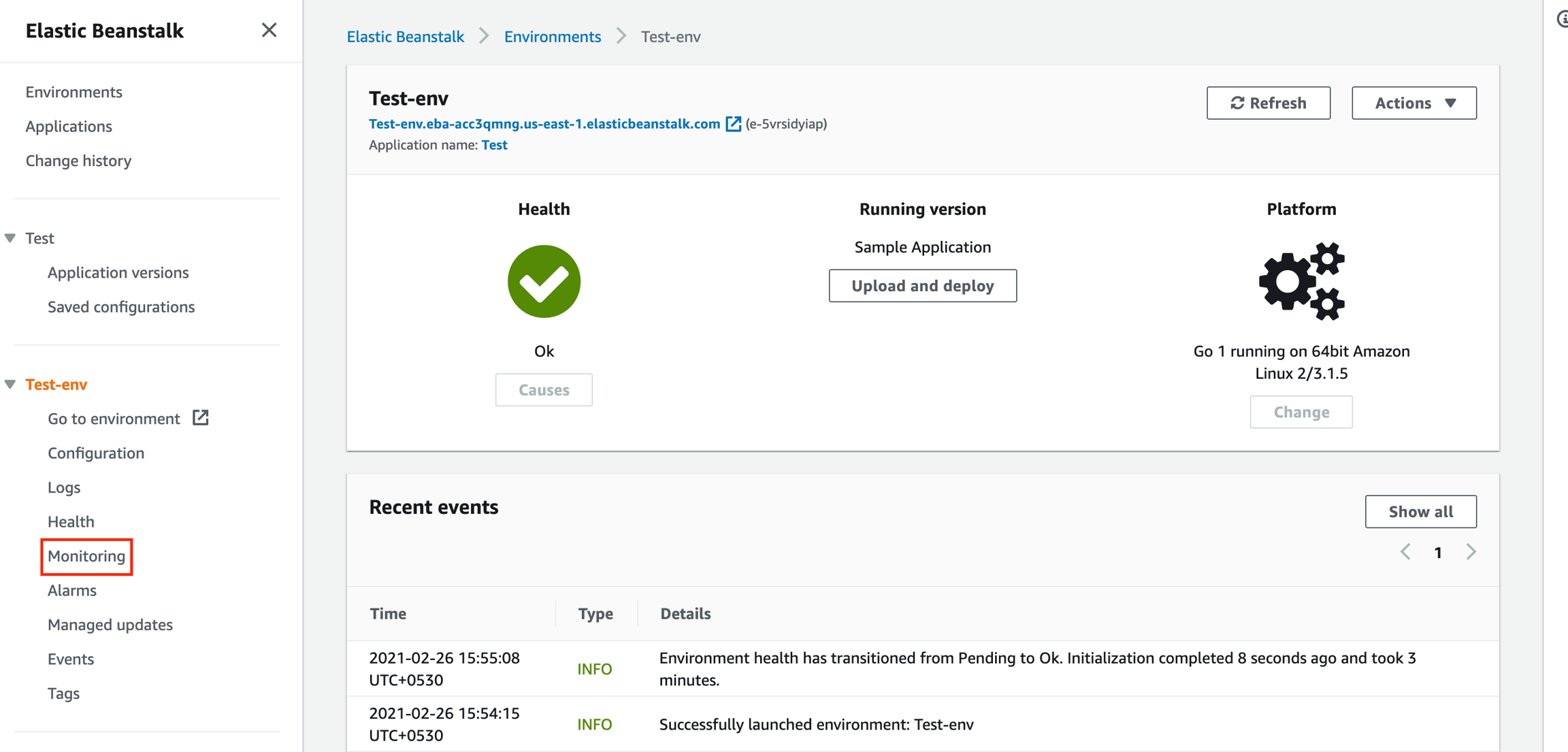 Configure Amazon CloudWatch within AWS Elastic Beanstalk - within your Environment, navigate to Monitoring