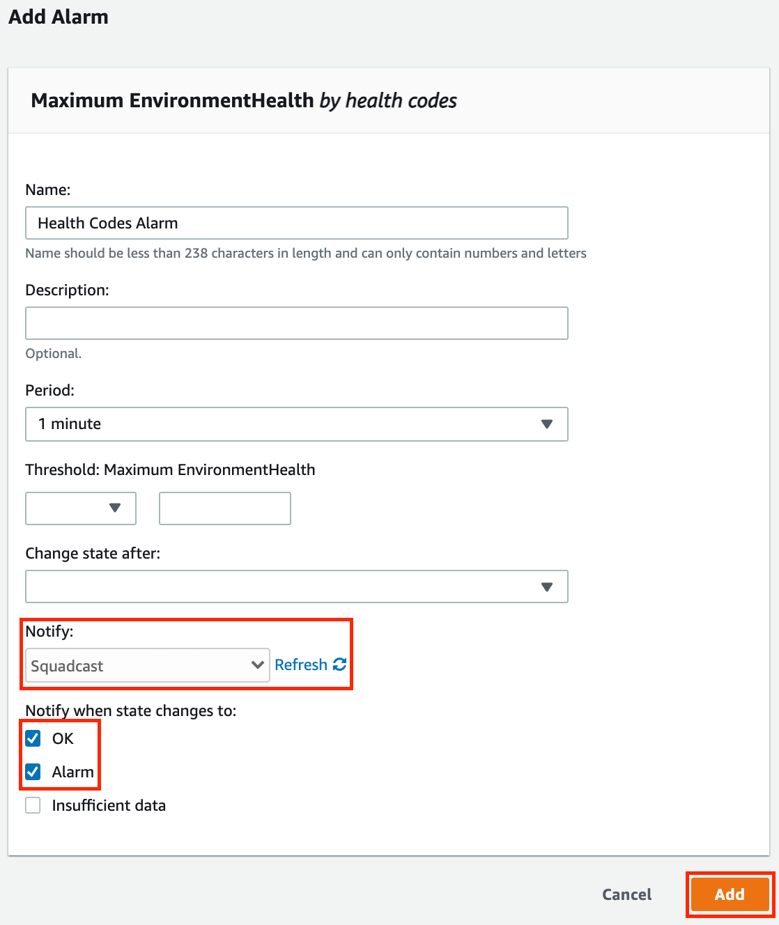 Add Alarm and Notify when state changes to, enable OK and Alarm checkboxes