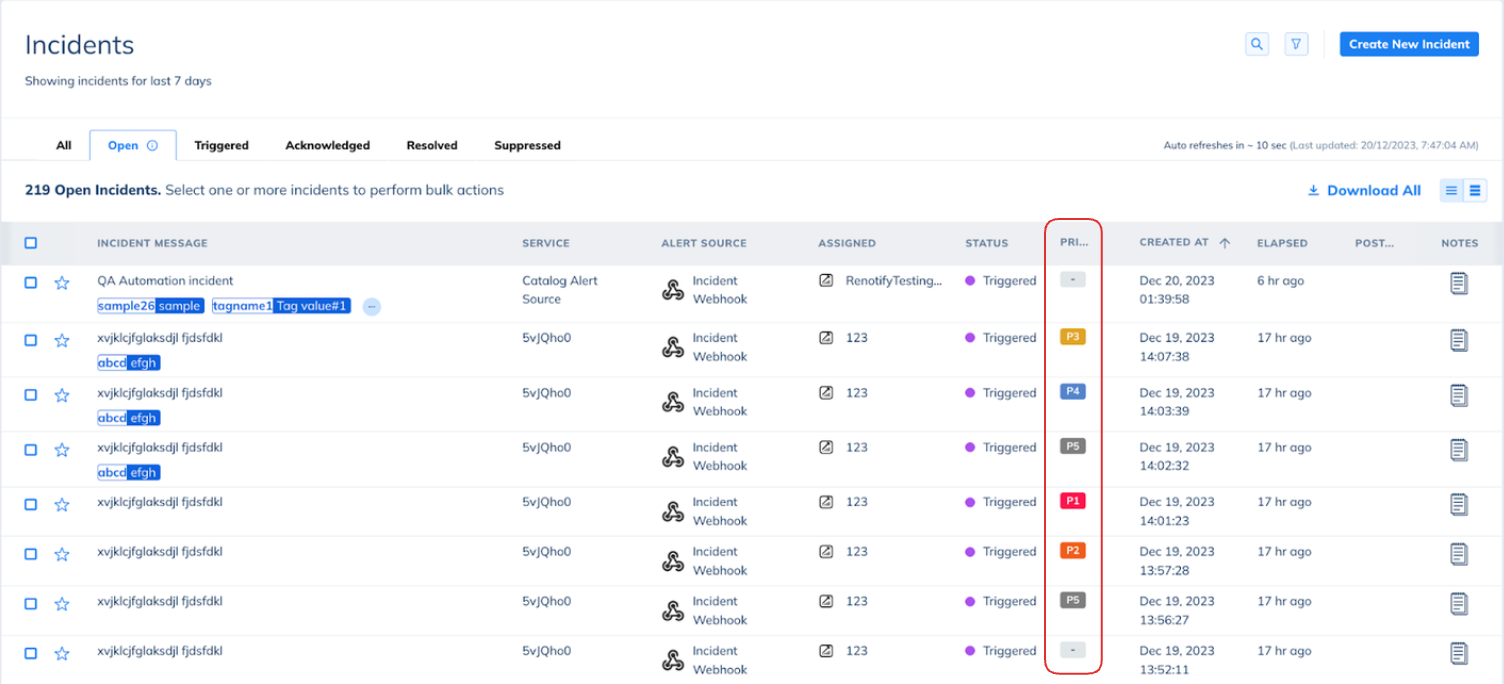 Incident Priorities on the Incident List Page