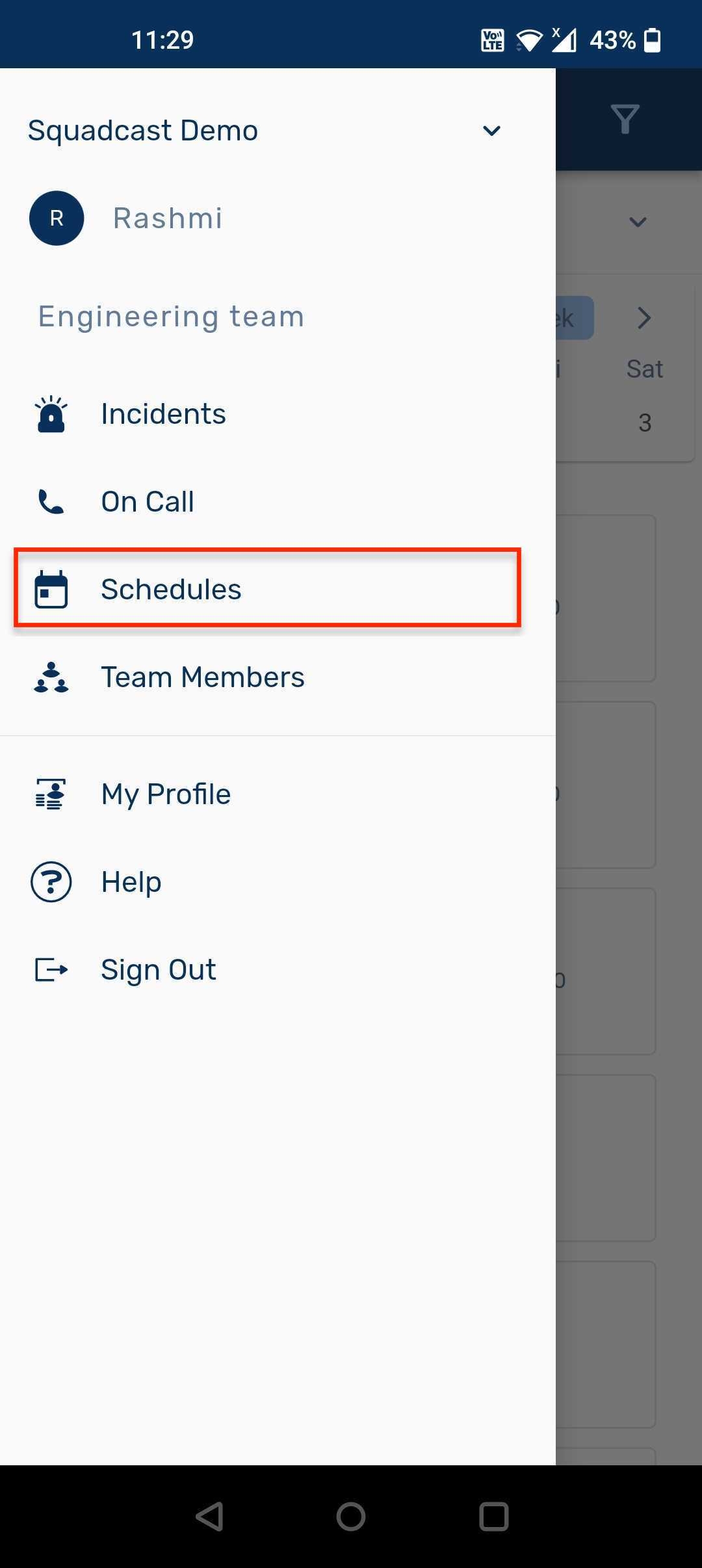 Shift Details Screen in Squadcast mobile app for Incident Management