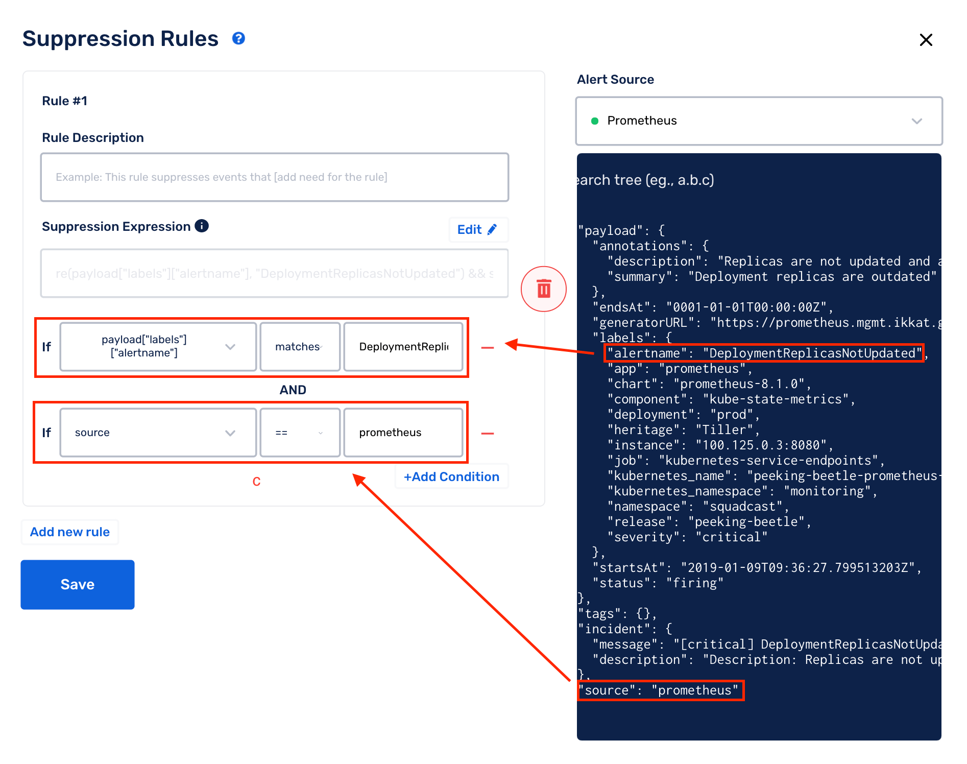 create your Alert Suppression Rules via UI-based Rule Builder in Squadcast