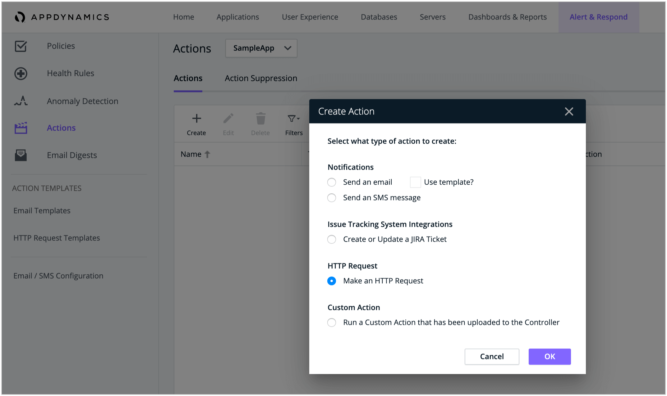 Create actions in AppDynamics to trigger and resolve it