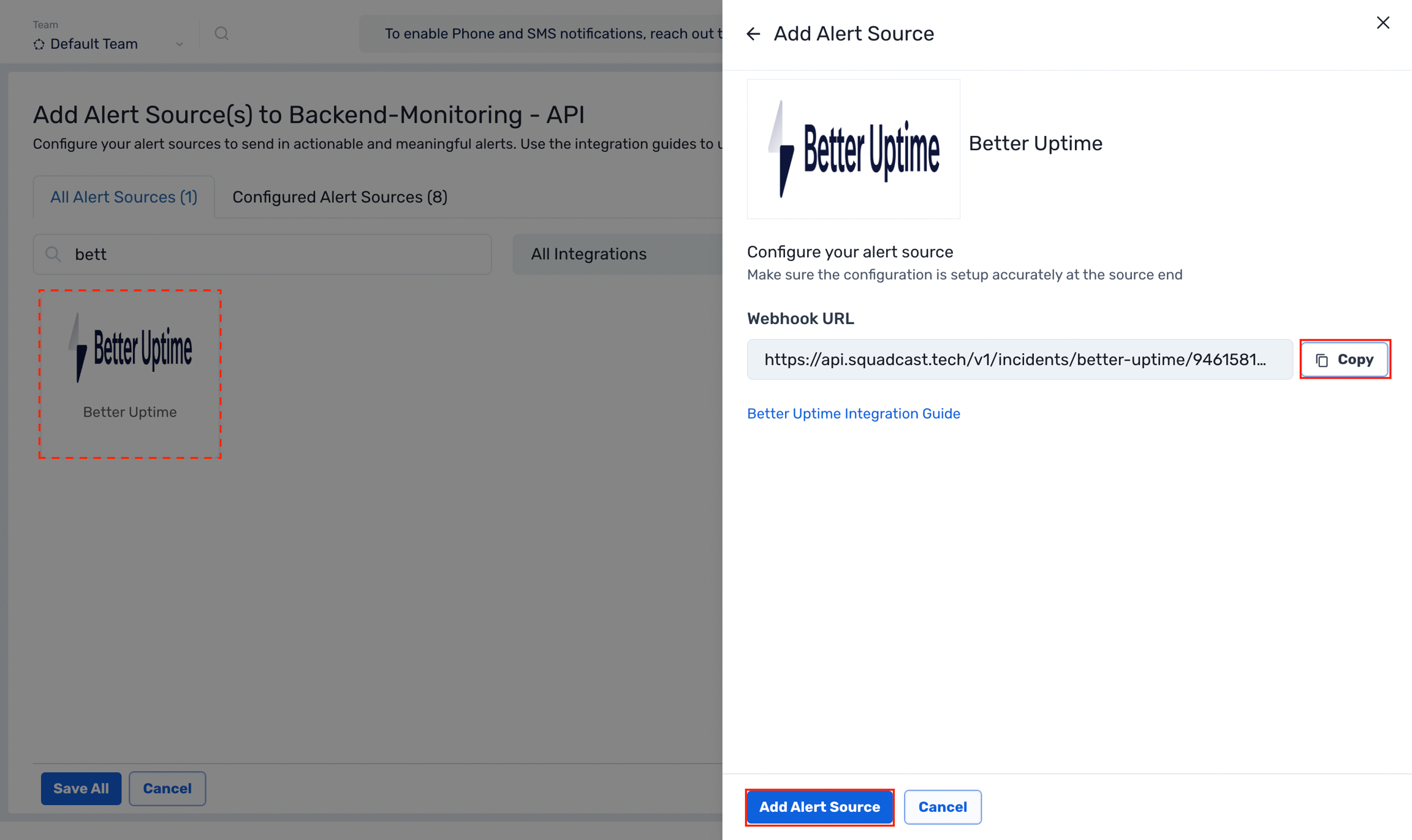 Steps to add Better Uptime integration to a service in Squadcast