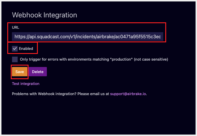 Use webhook URL in placeholder and check the enabled checkbox in Airbrake Dashboard - Step 3