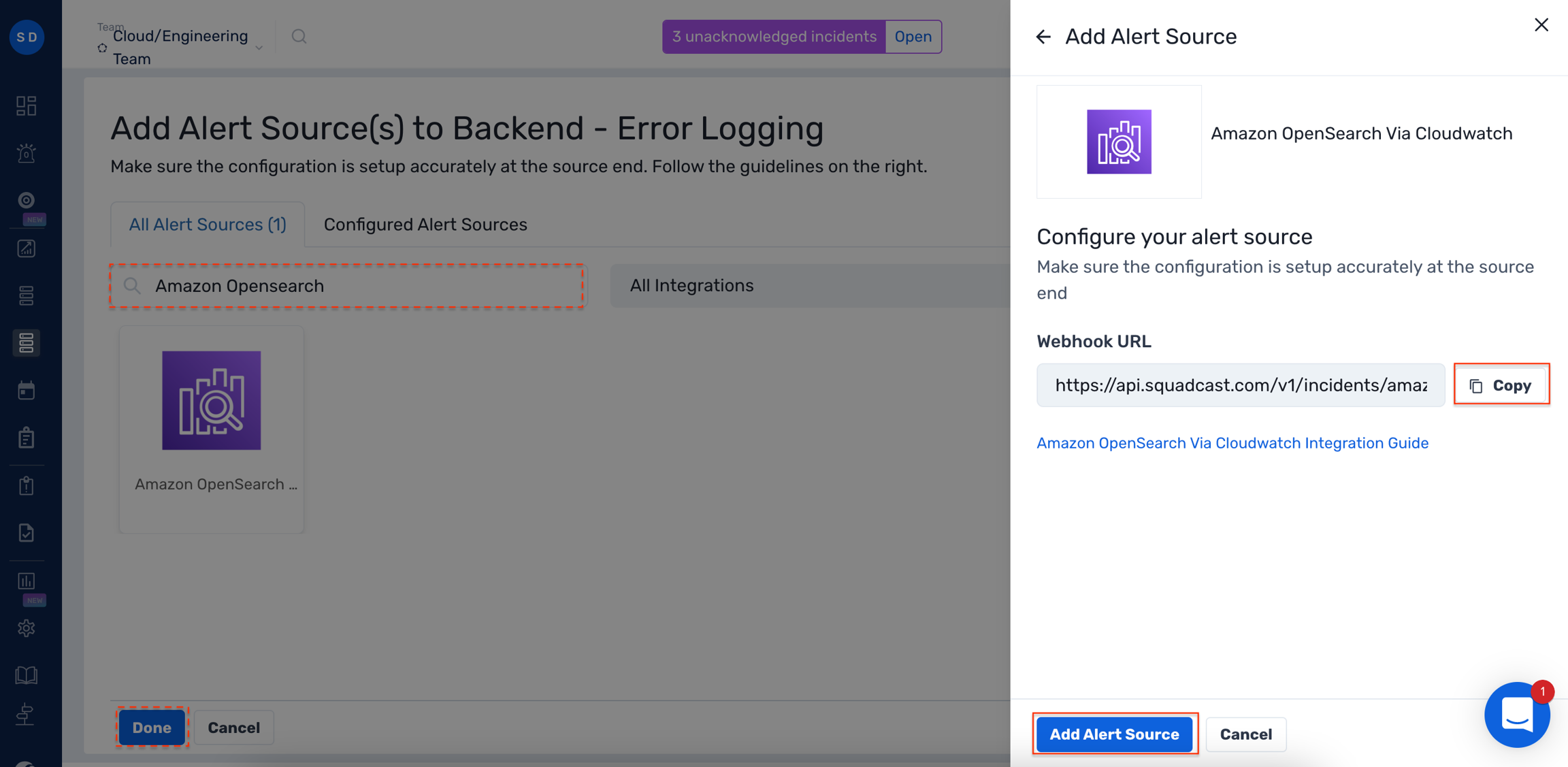 Webhook URL configuration within Amazon Opensearch in Squadcast