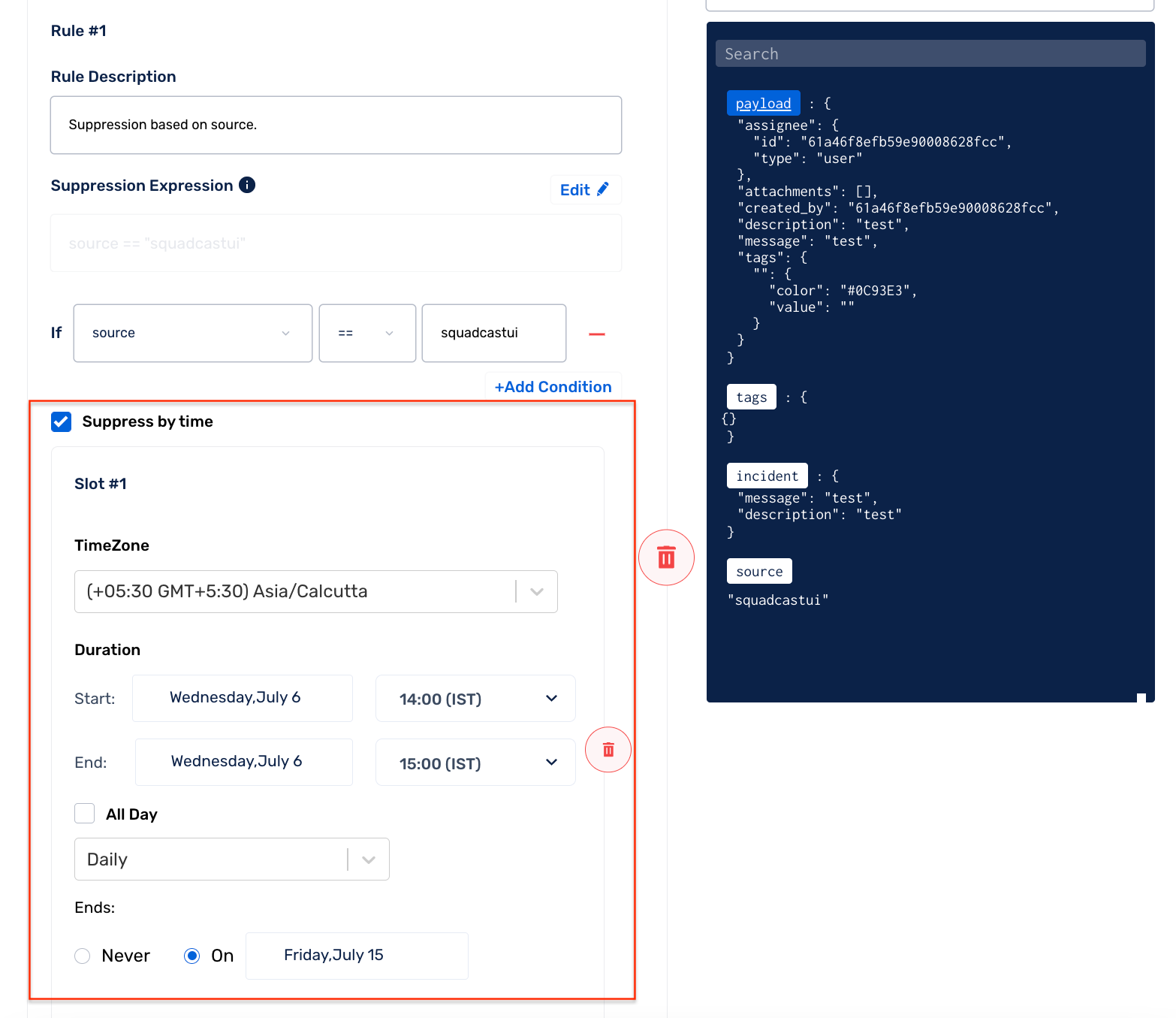 custom Alert Suppression Rule expression raw string method in Squadcast