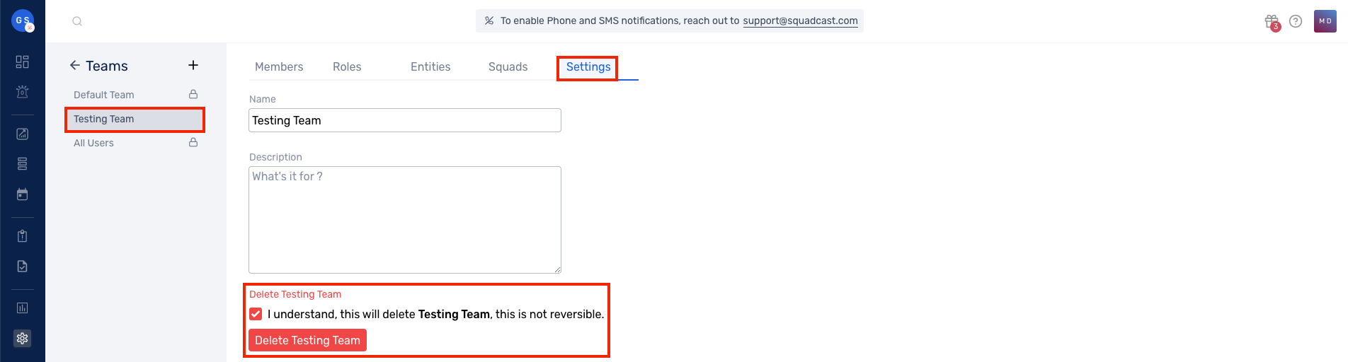 How to delete a team in Squadcast
