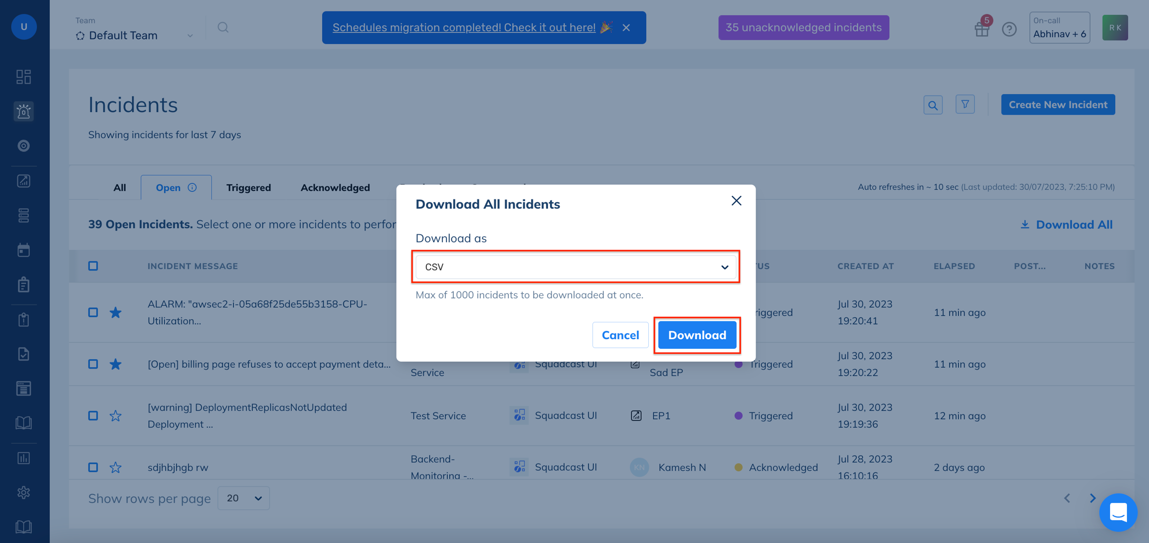 Download Incidents in Squadcast for Incident Management