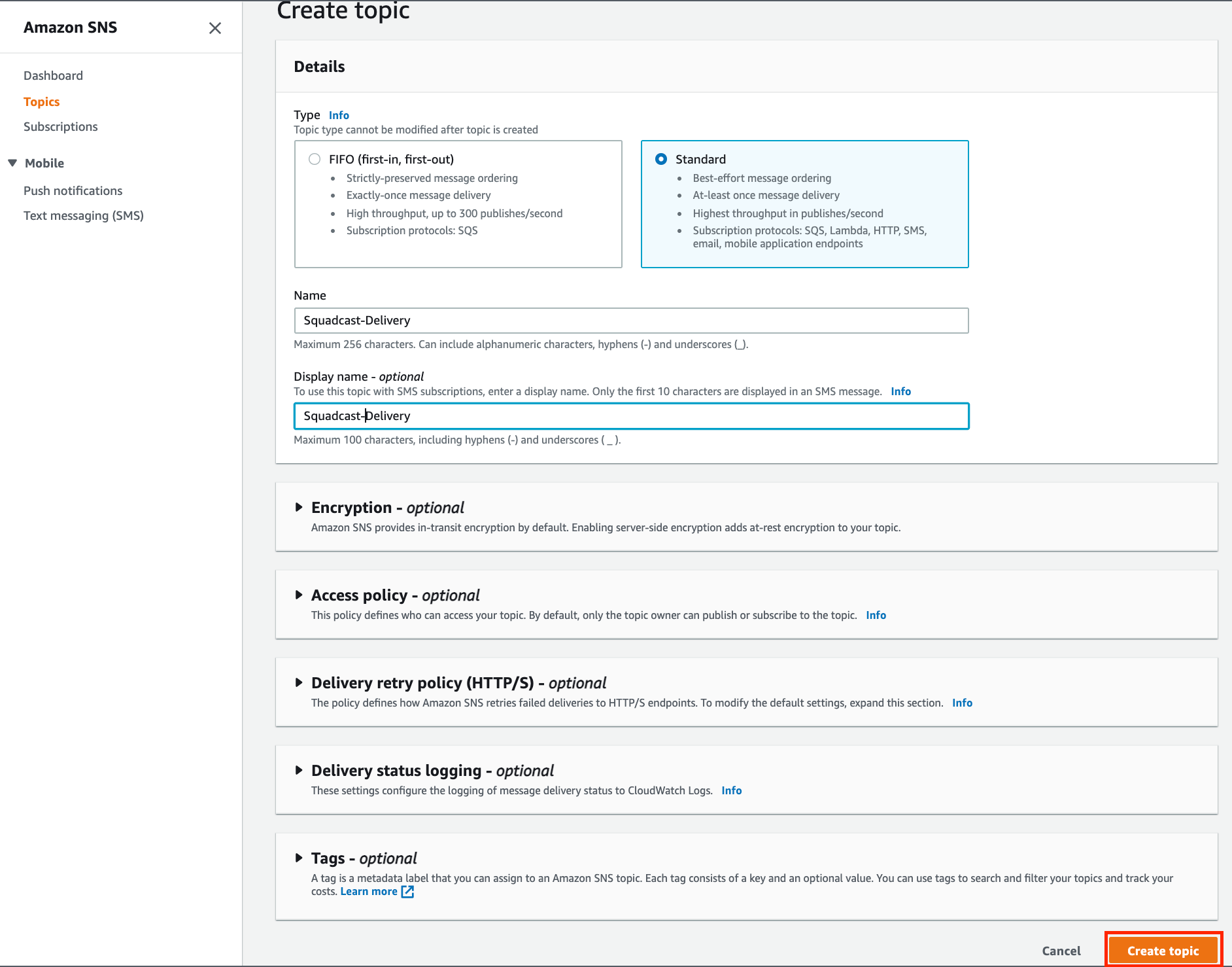 Filling the topic details in Amazon SNS