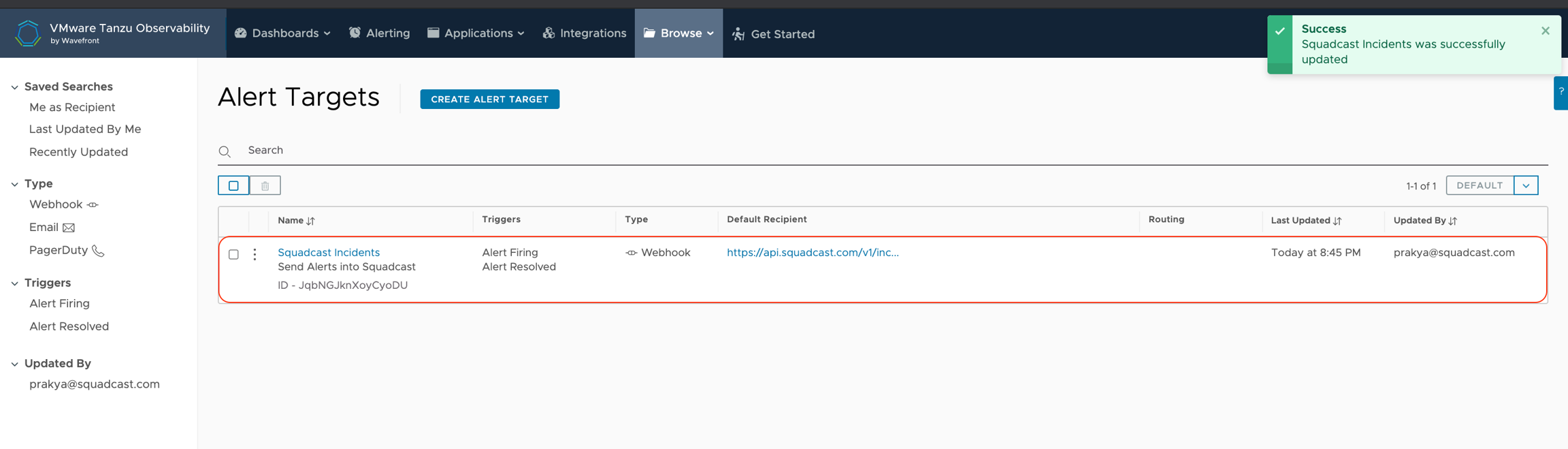 Create new Alert Target in Wavefront for Squadcast
