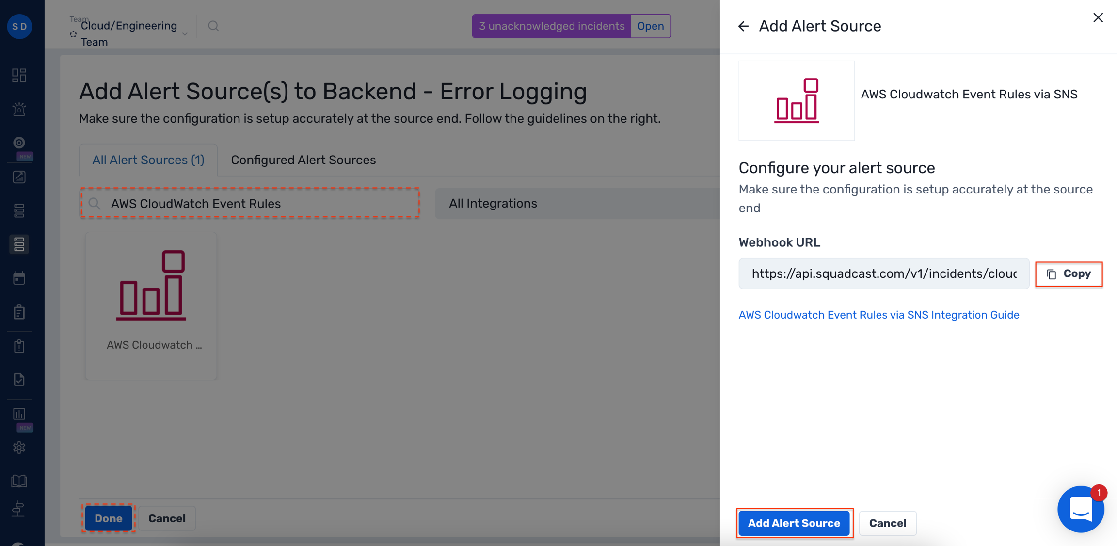 Webhook URL configuration within Amazon CloudWatch Event Rules in Squadcast