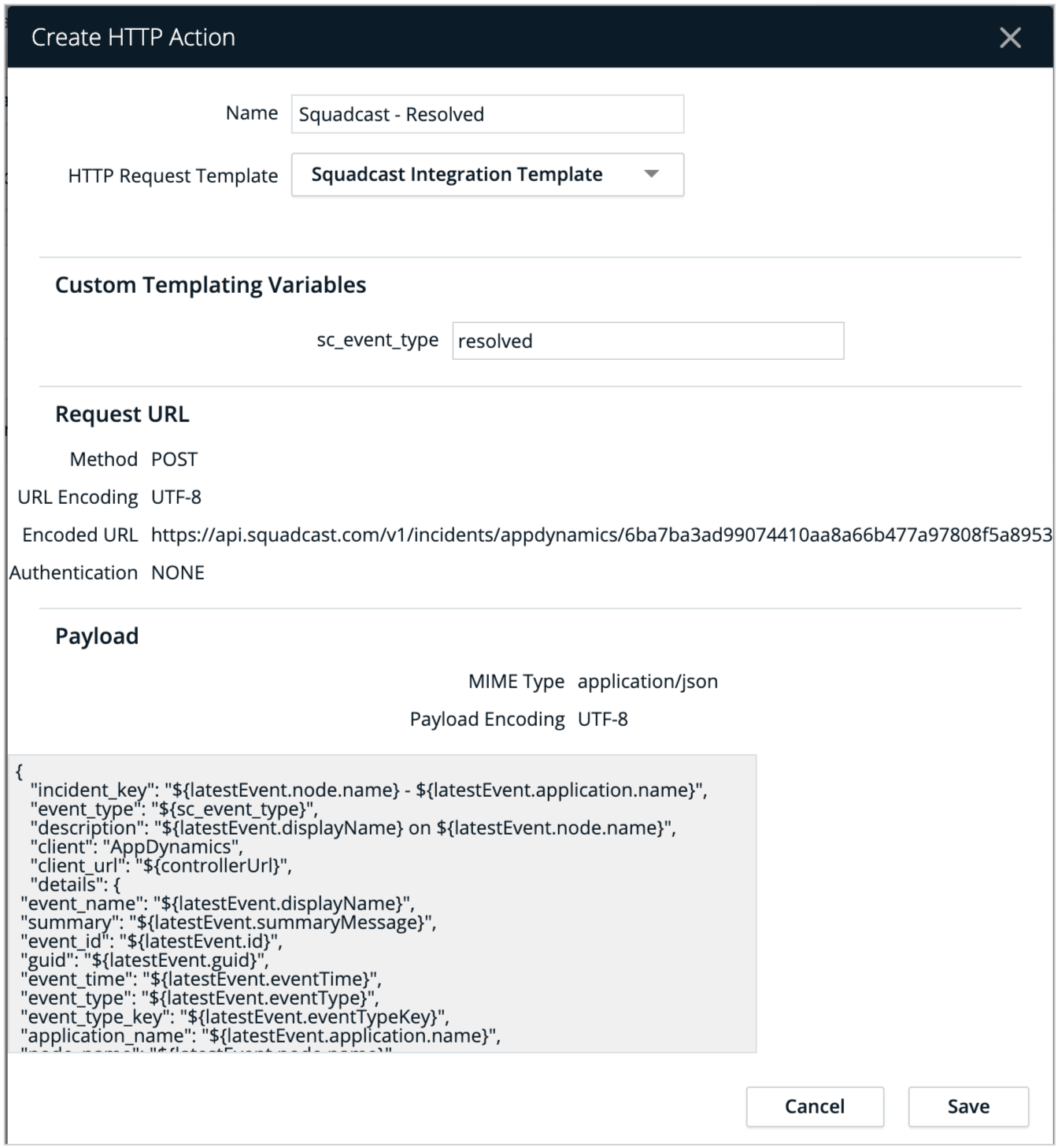 Selecting HTTP request template in HTTP action box with the name Squadcast - Resolved
