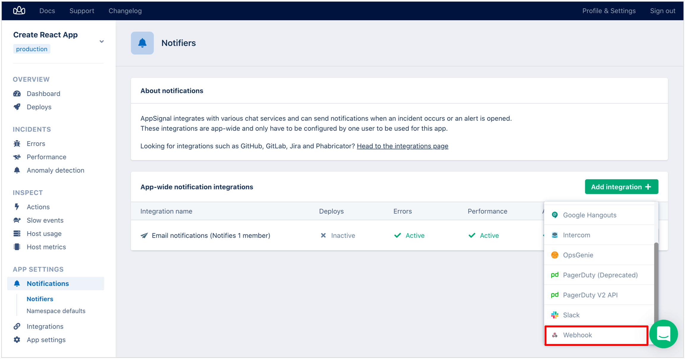 Selection of Webhook in integrations in AppSignal