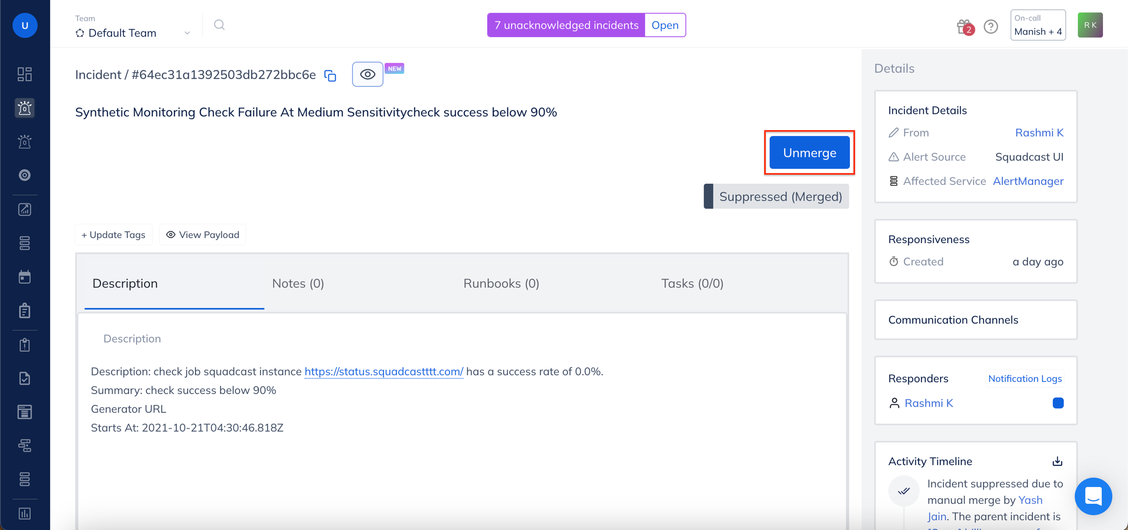 Assign unmerged incident in Squadcast for Incident Management