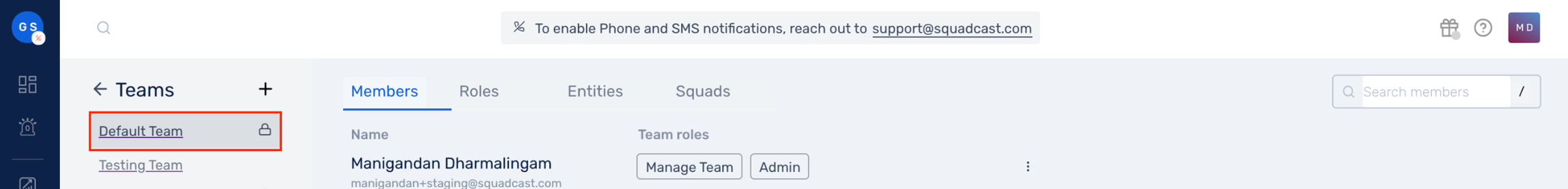 how to check default team in Sqaudcast