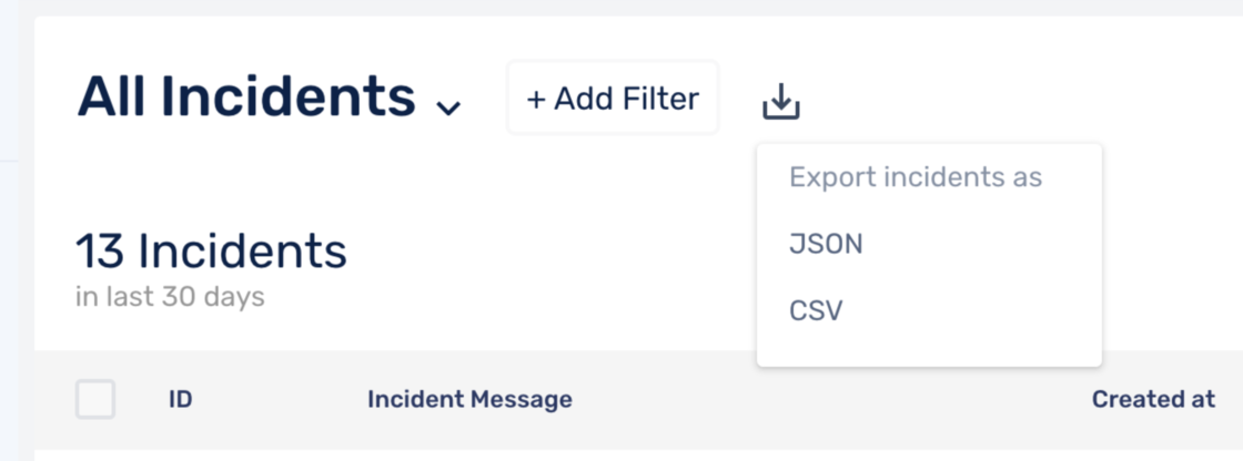 Export incidents in JSON format