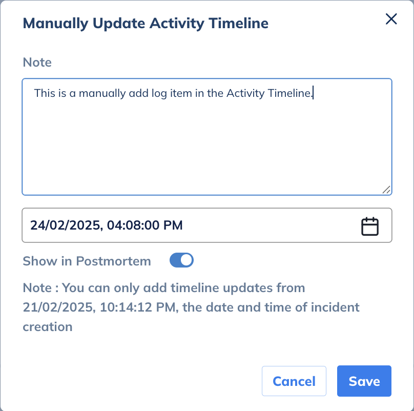 Manually Add Activity Timeline Logs for Incidents