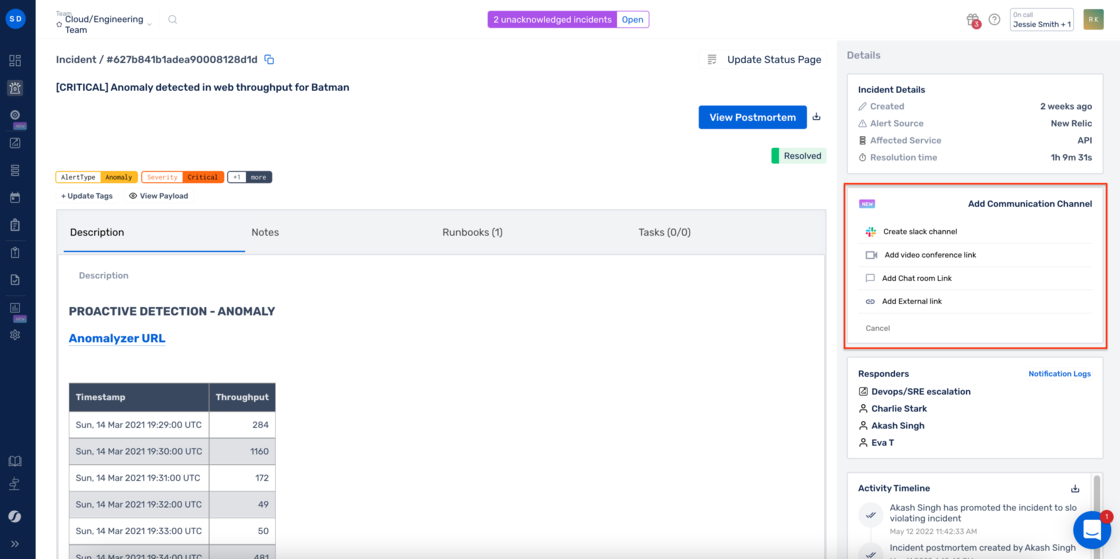 Communication Channels and Creation of Slack Channel for Incidents