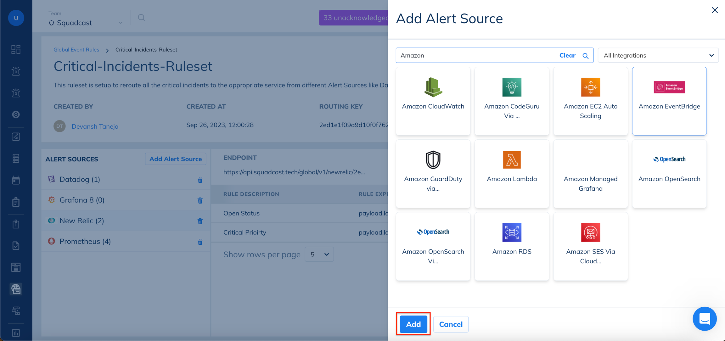 Added Alert Source in GER in Squadcast for Incident Management