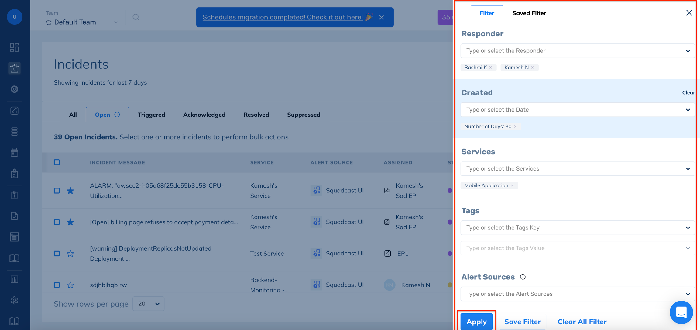 Filter Incidents in Squadcast for Incident Management