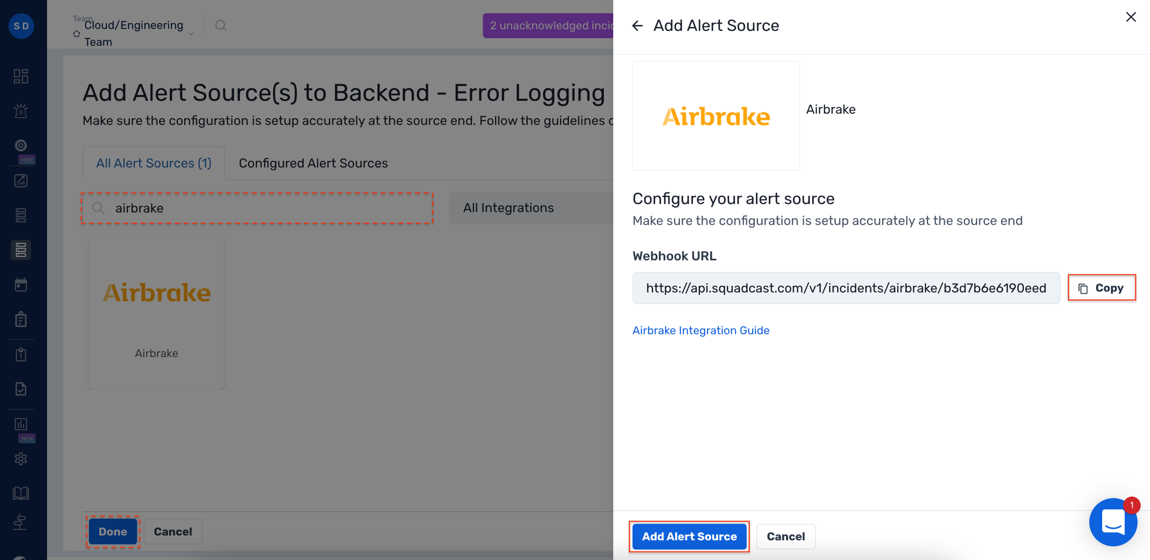 Configuration of airbrake alert source using webhook URL