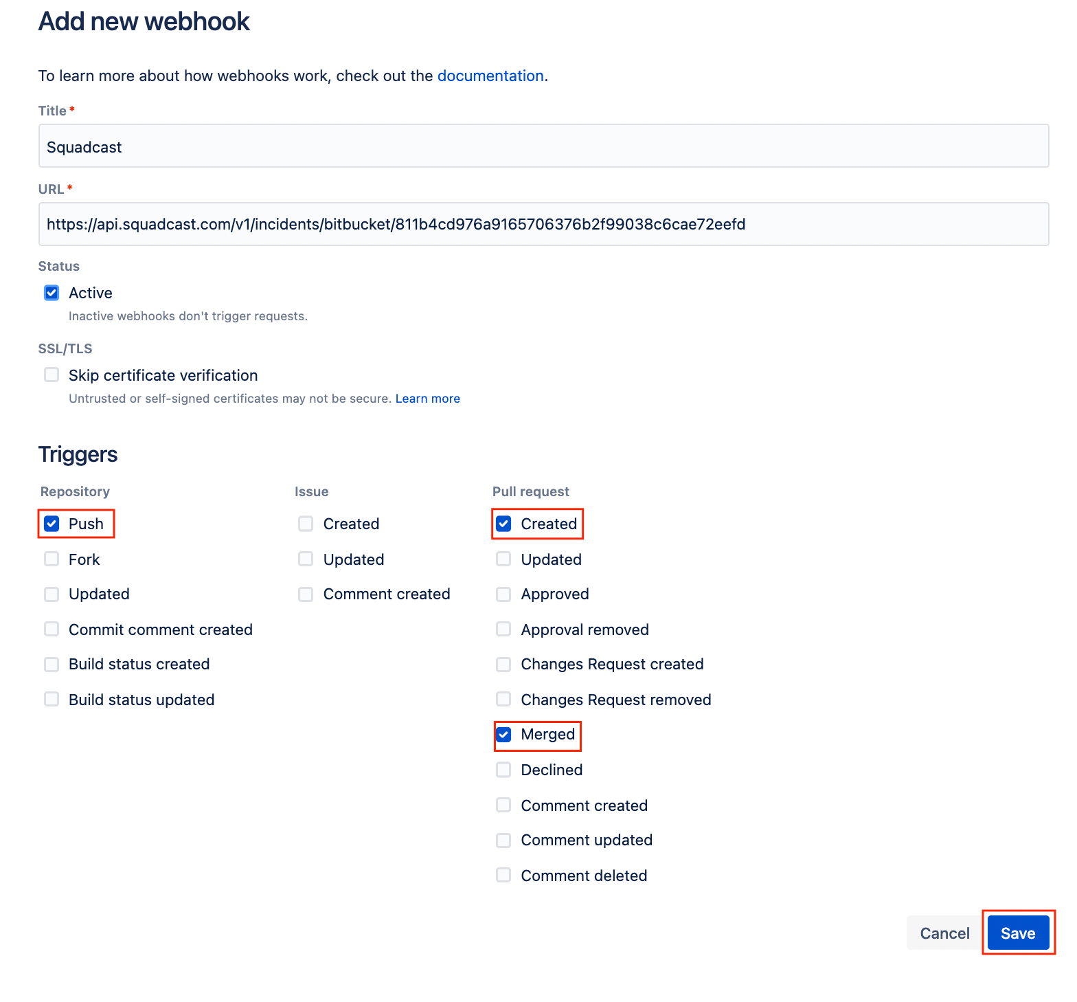 Adding Squadcast Webhook in Bitbucket: Enter title, paste URL, and select triggers in the Add new webhook page