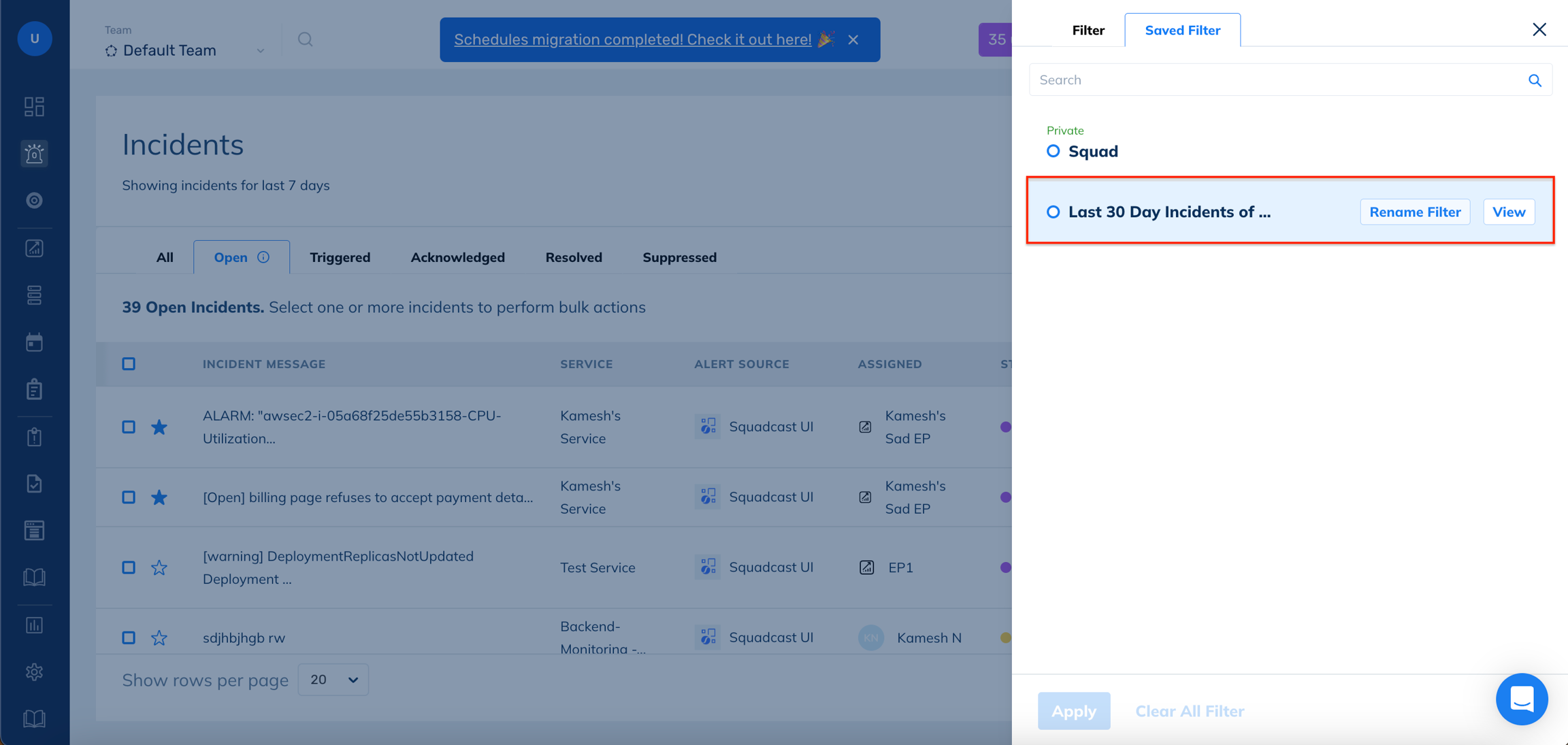 Rename Saved Filter name in Squadcast for Incident Management
