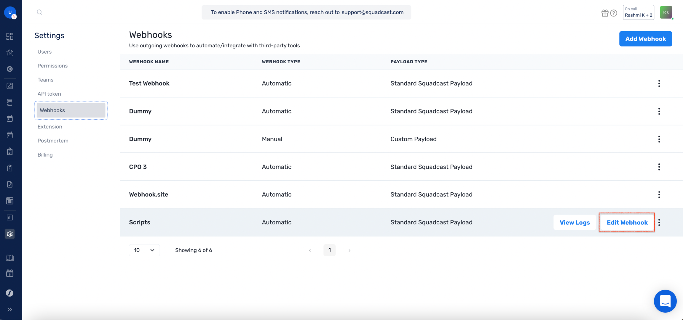 Steps to edit a Webhook