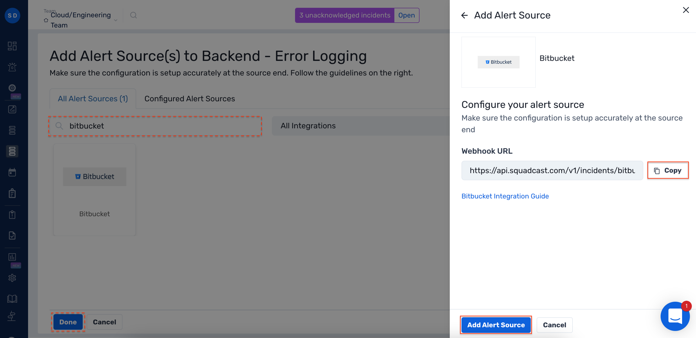 Steps to add Bitbucket integration to a service in Squadcast