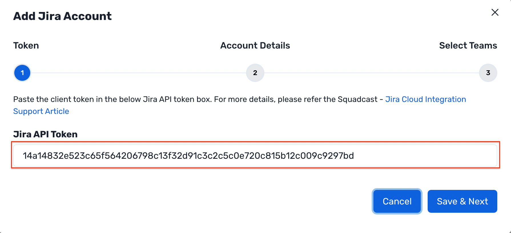Paste Jira Client Token to add Jira account