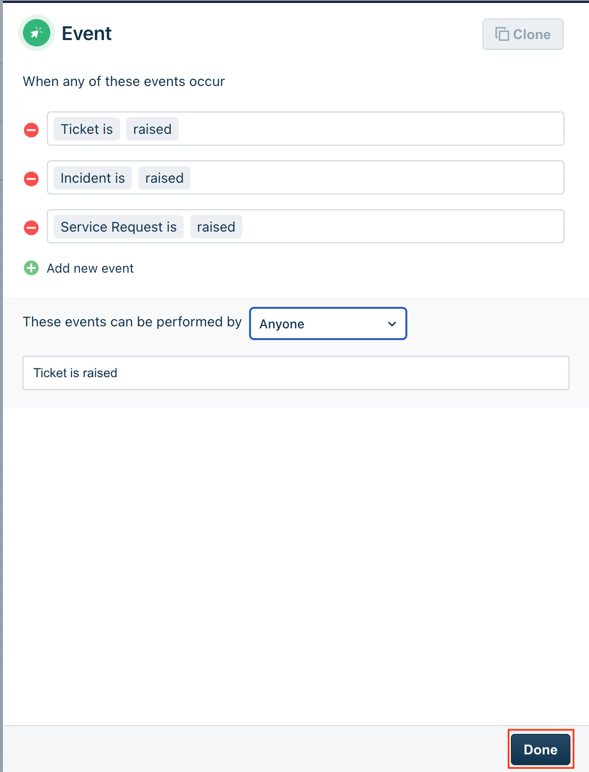 Adding events for raising tickets for incident management