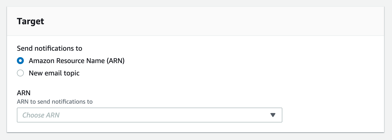 Configuring Amazon RDS in AWS: Select Target as Amazon Resource Name (ARN)