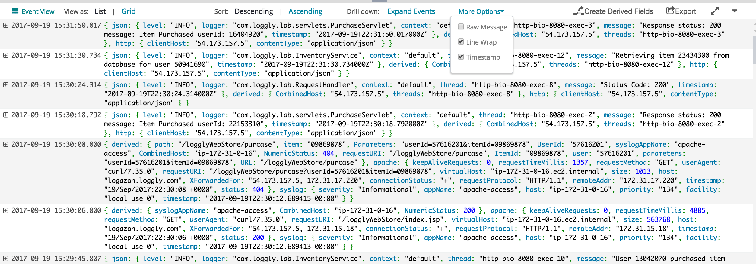 Loggly has a flexible event view