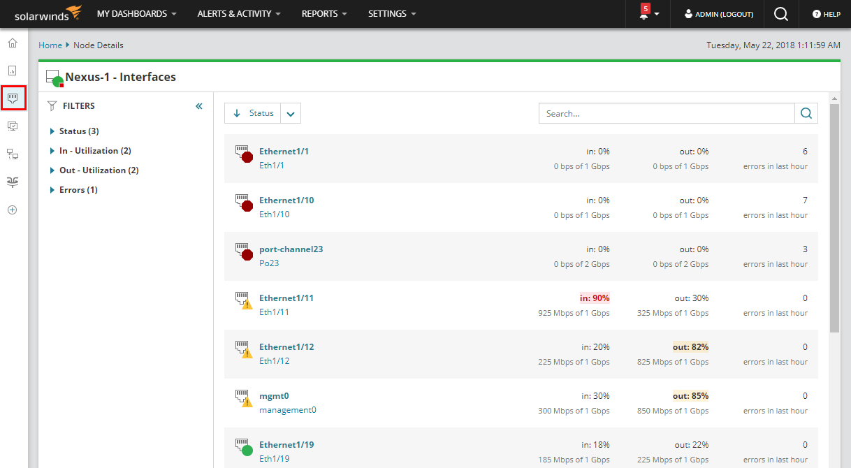 View interface status, interface health, and details about downtime
