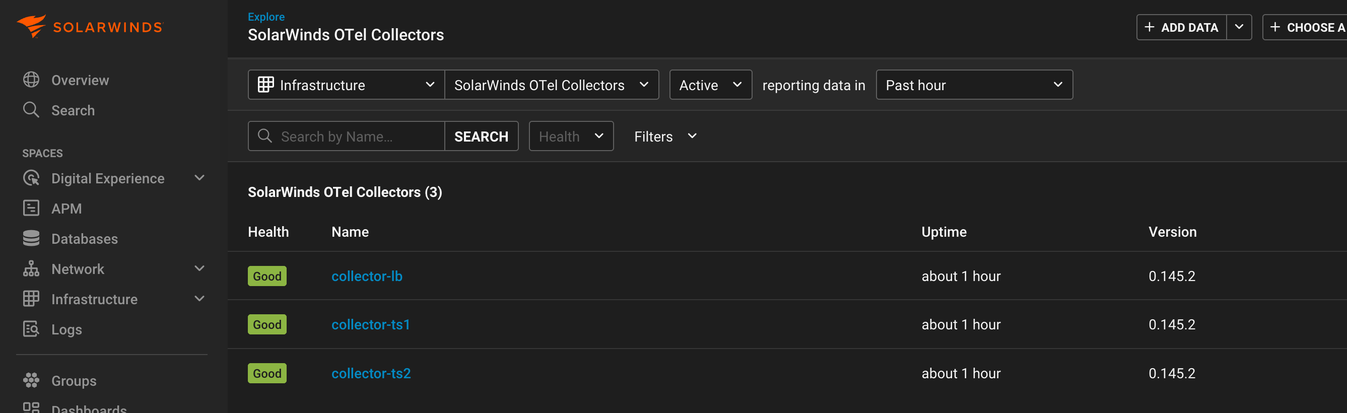 SolarWinds Observability Entity explorer, filtered by Infrastructure entities, then by SolarWinds OTel Collectors. Three collectors—collector-lb, collector-ts1, and collector-ts2—are listed with “Good” health status, about one hour of uptime, and version 0.145.2.