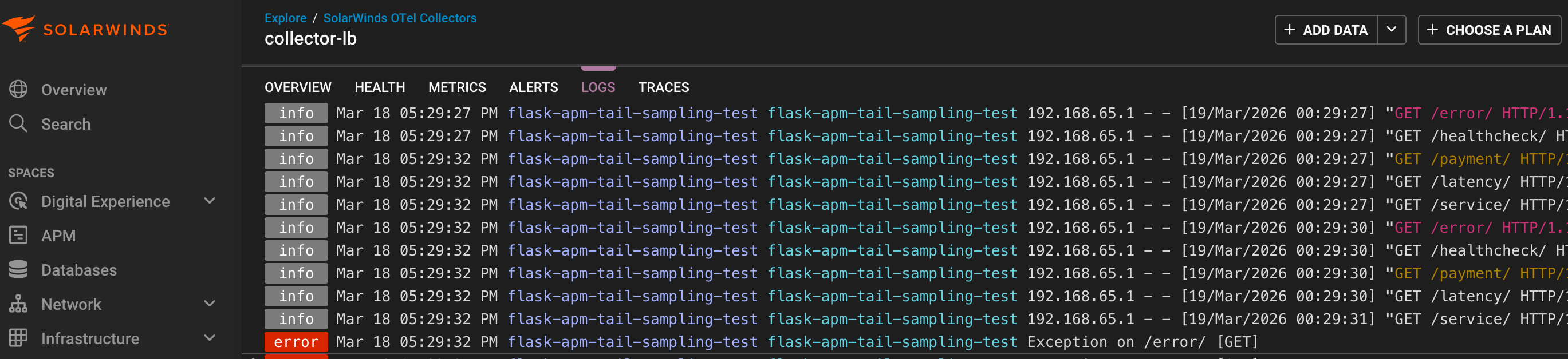 SolarWinds Observability Entity Details view showing the collector‑lb details with the Logs tab selected. A log stream displays recent HTTP requests from a Flask APM test service, including successful GET requests and one error entry highlighted in red.