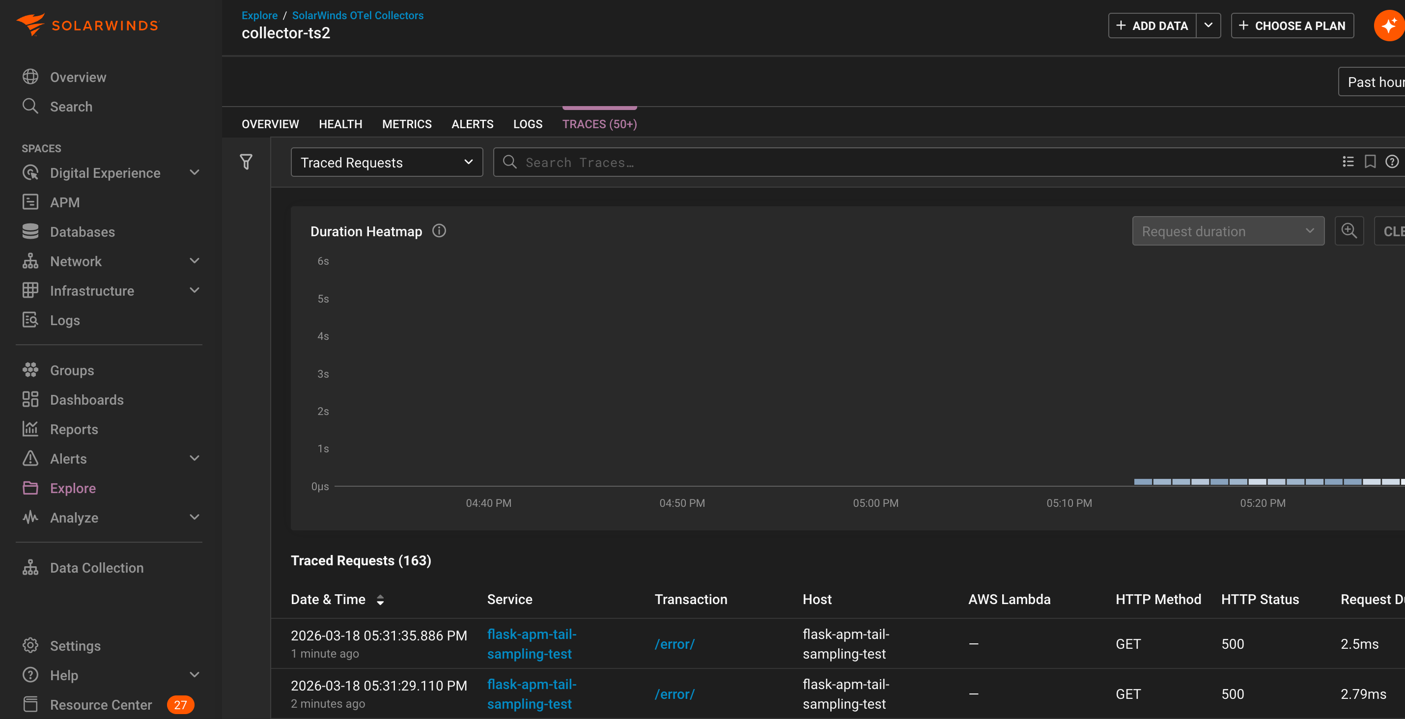 SolarWinds Observability Entity Details view showing the collector‑ts2 details with the Traces tab selected. A duration heatmap appears above a table of traced requests, listing recent GET transactions from a Flask APM test service with HTTP 500 error responses and request durations in milliseconds.