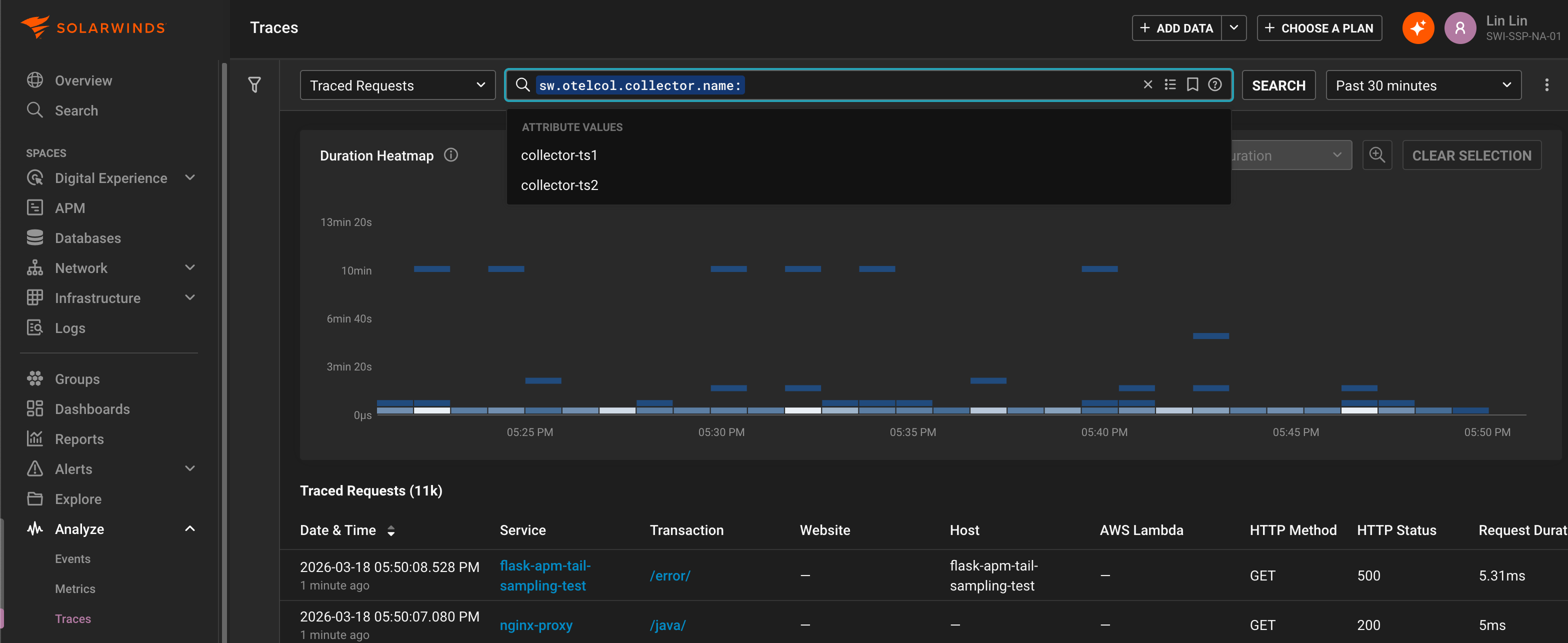 SolarWinds Observability Traces Explorer view showing traced requests filtered by OTEL collector name. A duration heatmap appears above a table of recent HTTP GET requests, listing services, transactions, HTTP status codes, and request durations across multiple collectors.