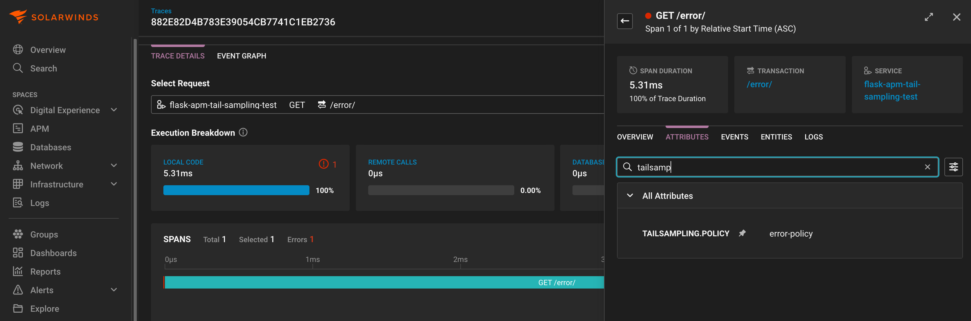 SolarWinds Observability Trace Details view showing a selected GET request to /error from a Flask APM test service. The page displays span duration, an execution breakdown with local code time, a spans timeline, and attributes indicating an error-based tail‑sampling policy.
