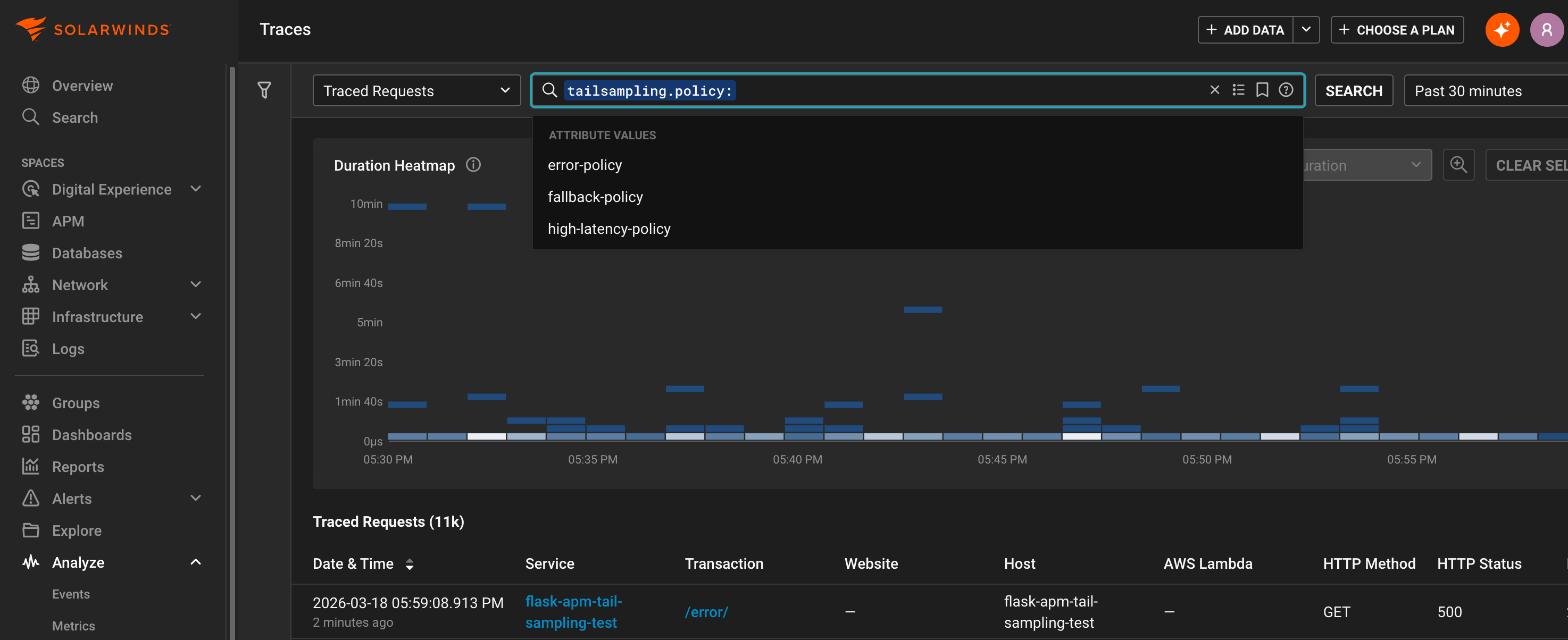 SolarWinds Observability Traces Explorer view showing traced requests filtered by tailsampling.policy. A duration heatmap is displayed above a table of recent HTTP requests, with results grouped by different tail‑sampling policies and showing request status codes and durations.

