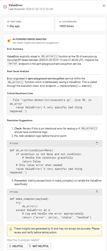 Image shows Inspector Panel open to AI-powered error analysis for an APM error.