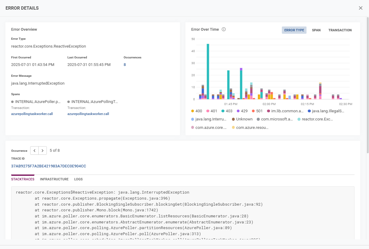 Error details insights for the service