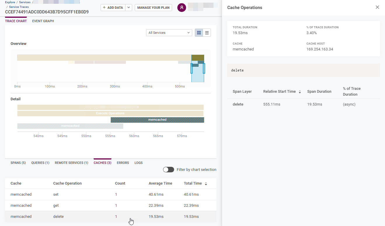 Trace Details view with cache selected in Caches tab and detailed information of Cache Operation shown in Inspector Panel on the right